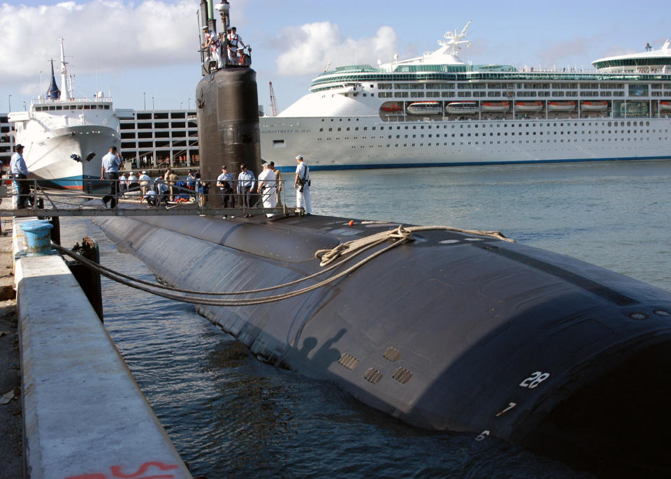 FILE-In this April 26, 2004 file photo provided by the U.S. Navy, the USS Miami SSN 755, homeported in Groton, Conn., arrives in port in Fort Lauderdale, Fla. A fire aboard the nuclear-powered submarine on Wednesday, May 23, 2012 at the Portsmouth Naval Shipyard in Kittery, Maine injured four people. (AP Photo/U.S. Navy, PH2 Kevin Langford, files)