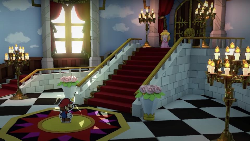 Mario stands at the foot of a set of stairs in the Princess' castle; the Princess waits for him at the top.