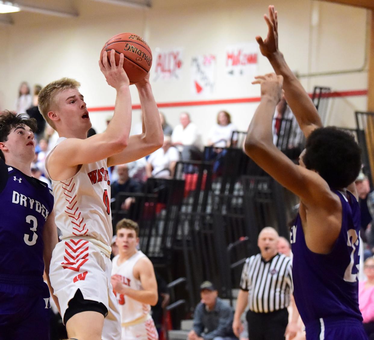 Waverly's Joey Tomasso goes up for a shot during a 60-48 win over Dryden in a Section 4 Class B boys basketball semifinal Feb. 28, 2024 at Waverly High School.