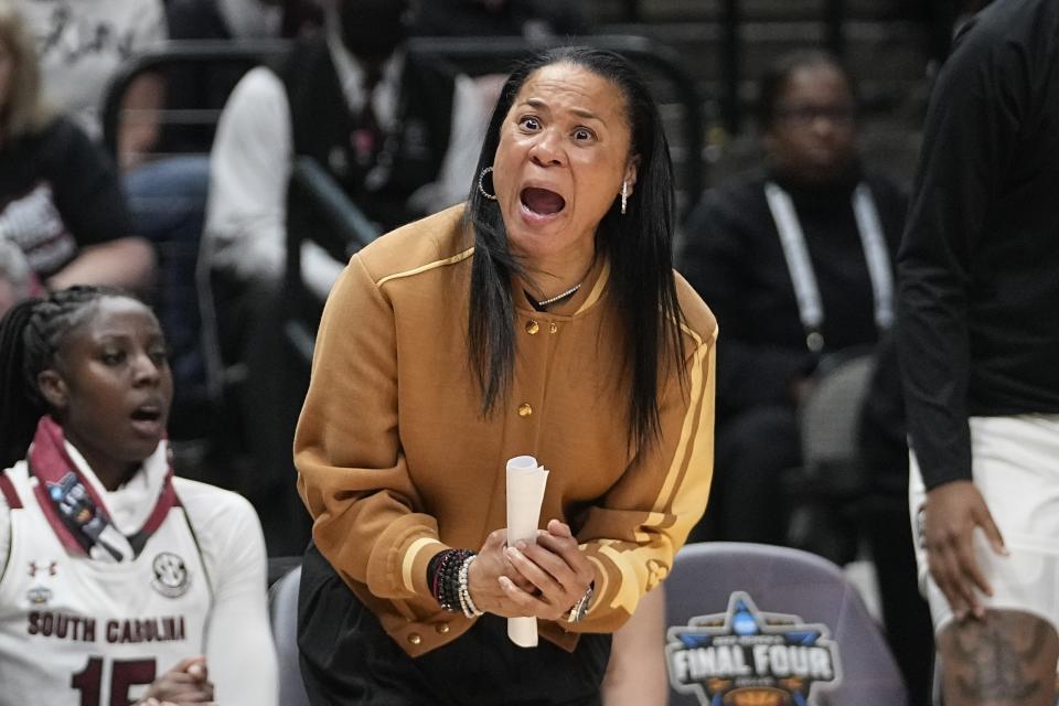 South Carolina head coach Dawn Staley reacts during the second half of an NCAA Women's Final Four semifinals basketball game against IowaFriday, March 31, 2023, in Dallas. (AP Photo/Darron Cummings)