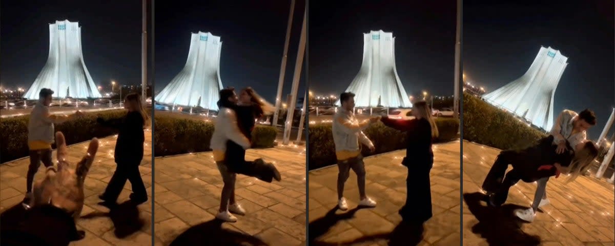 Stills from the video showing Astiyazh Haghighi and her fiance Amir Mohammad Ahmadi dancing in front of Tehran’s Azadi Tower (UGC/AFP via Getty Images)