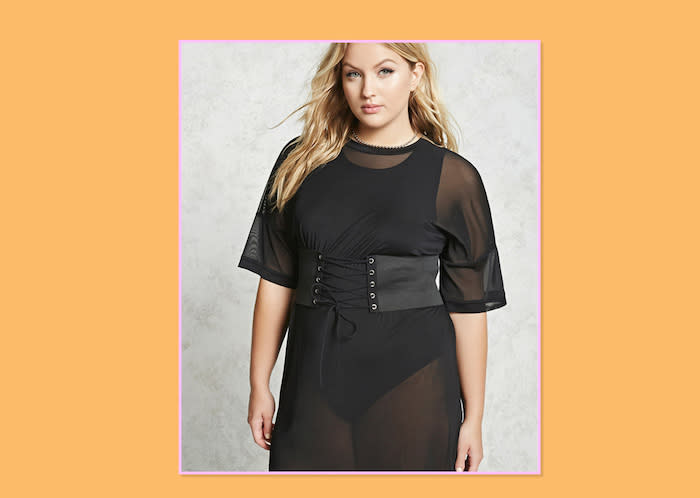 <p>Plus-Size Belted Mesh Dress, $21, <a rel="nofollow noopener" href="http://www.forever21.com/Product/Product.aspx?BR=plus&Category=plus_size-dresses&ProductID=2000094002&VariantID=" target="_blank" data-ylk="slk:Forever 21;elm:context_link;itc:0;sec:content-canvas" class="link ">Forever 21 </a> </p>