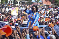 Kenyan presidential candidate Raila Odinga's running mate Martha Karua gestures to supporters at a campaign rally in Mombasa, Kenya, Friday, Aug. 5, 2022. Kenya is due to hold its general election on Tuesday, Aug. 9 as East Africa's economic hub chooses a successor to President Uhuru Kenyatta. (AP Photo/Gideon Maundu)