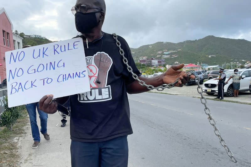 Activists at a rally call for the British Virgin Islands to retain its autonomy