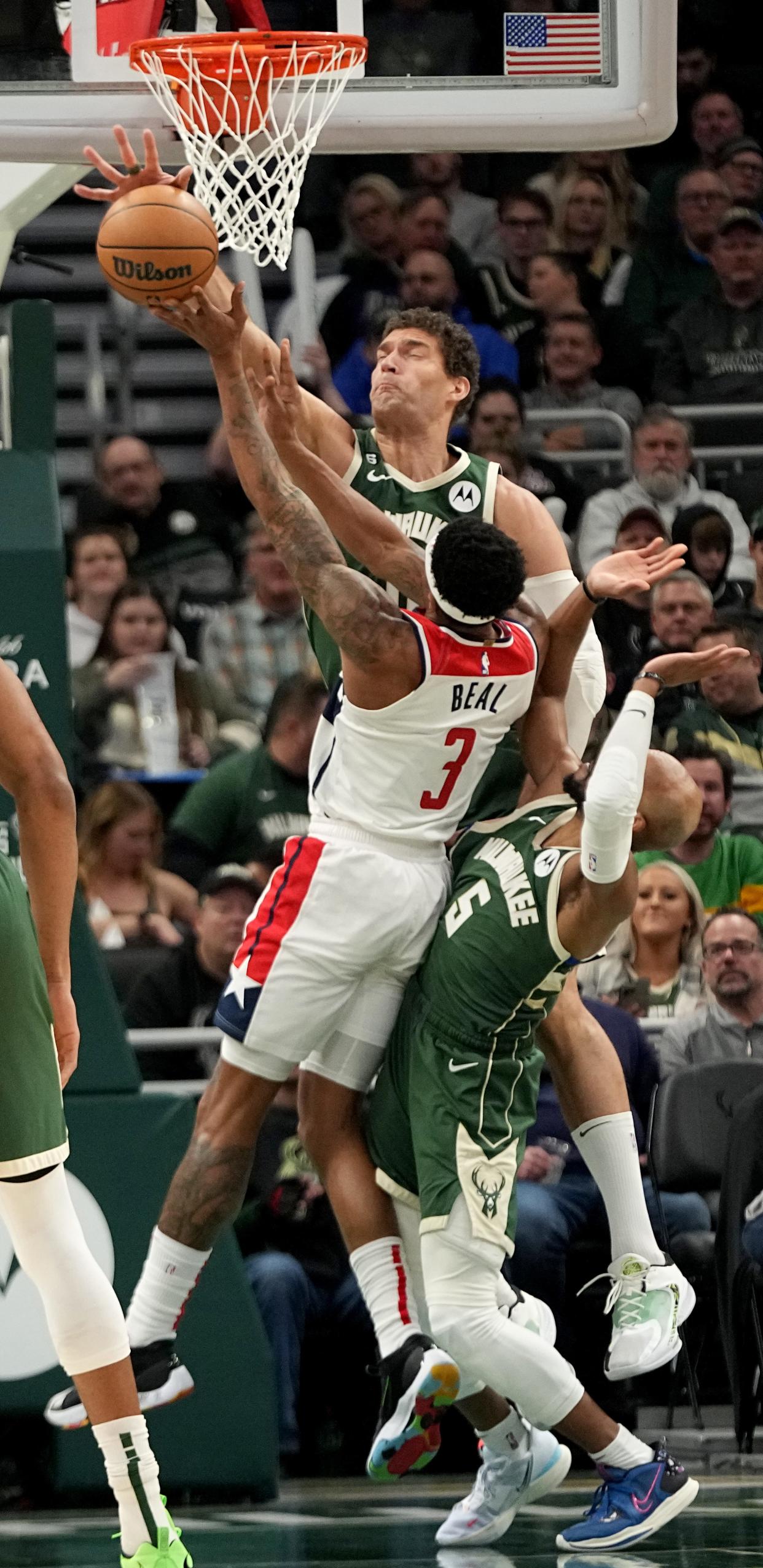 Bucks center Brook Lopez has the second-most blocks in the NBA so far this season, including this one against Washington Wizards guard Bradley Beal on Jan. 3.