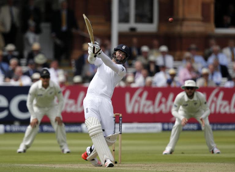 England's James Anderson plays a shot against New Zealand during the second day of the first Test at Lord's on May 22, 2015