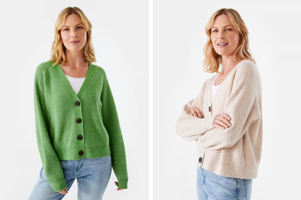 L: Blonde haired woman wears a Kmart green button up cardigan and jeans on a grey background. R: Blonde haired woman wears a beige coloured Kmart cardigan and jeans on a grey background.