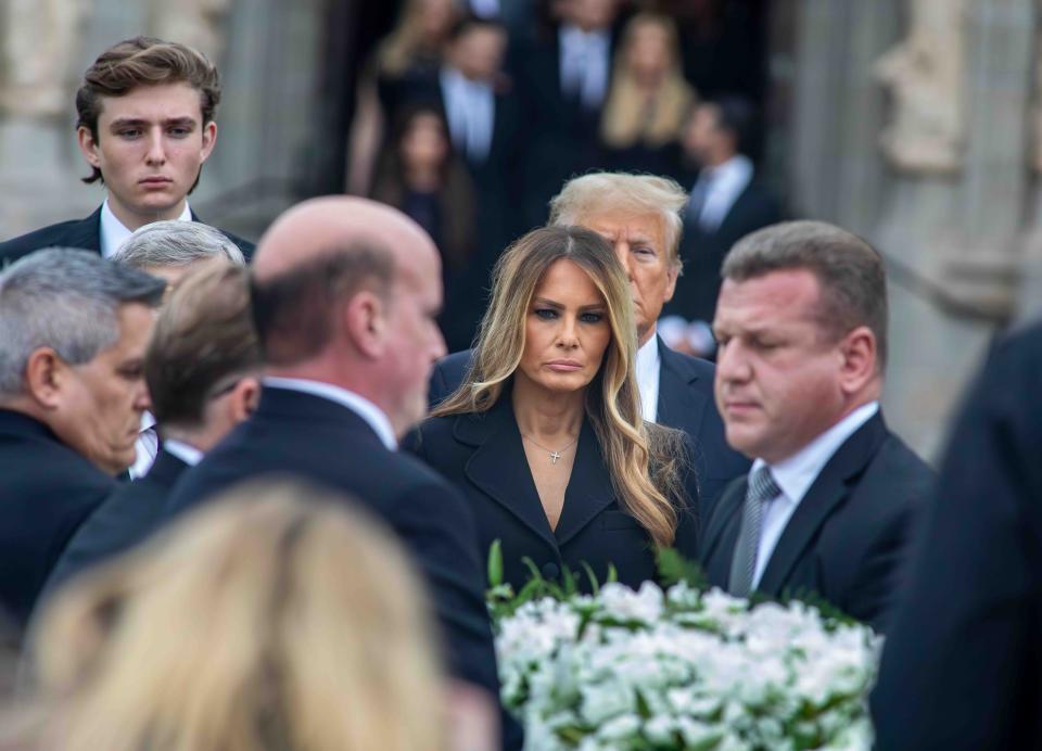 Melania Trump watches as pallbearers prepare to load the casket of her mother, Amalia Knavs, into a hearse following her funeral at the Church of Bethesda-by-the-Sea on January 18, 2024.