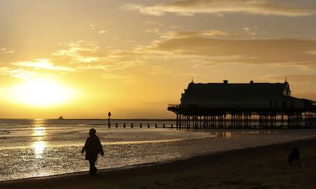 A woman walks her dog as the sun rises over Cleethorpes Pier near Grimsby, Britain November 18, 2015. REUTERS/Phil Noble