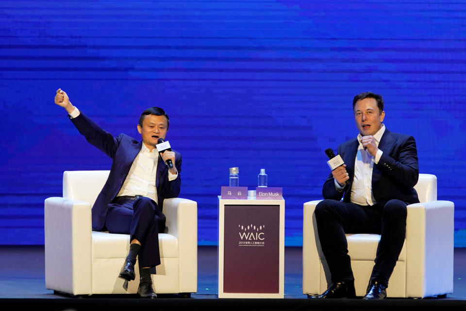 Tesla Inc CEO Elon Musk and Alibaba Group Holding Ltd Executive Chairman Jack Ma attend the World Artificial Intelligence Conference (WAIC) in Shanghai, China, August 29, 2019. REUTERS/Aly Song