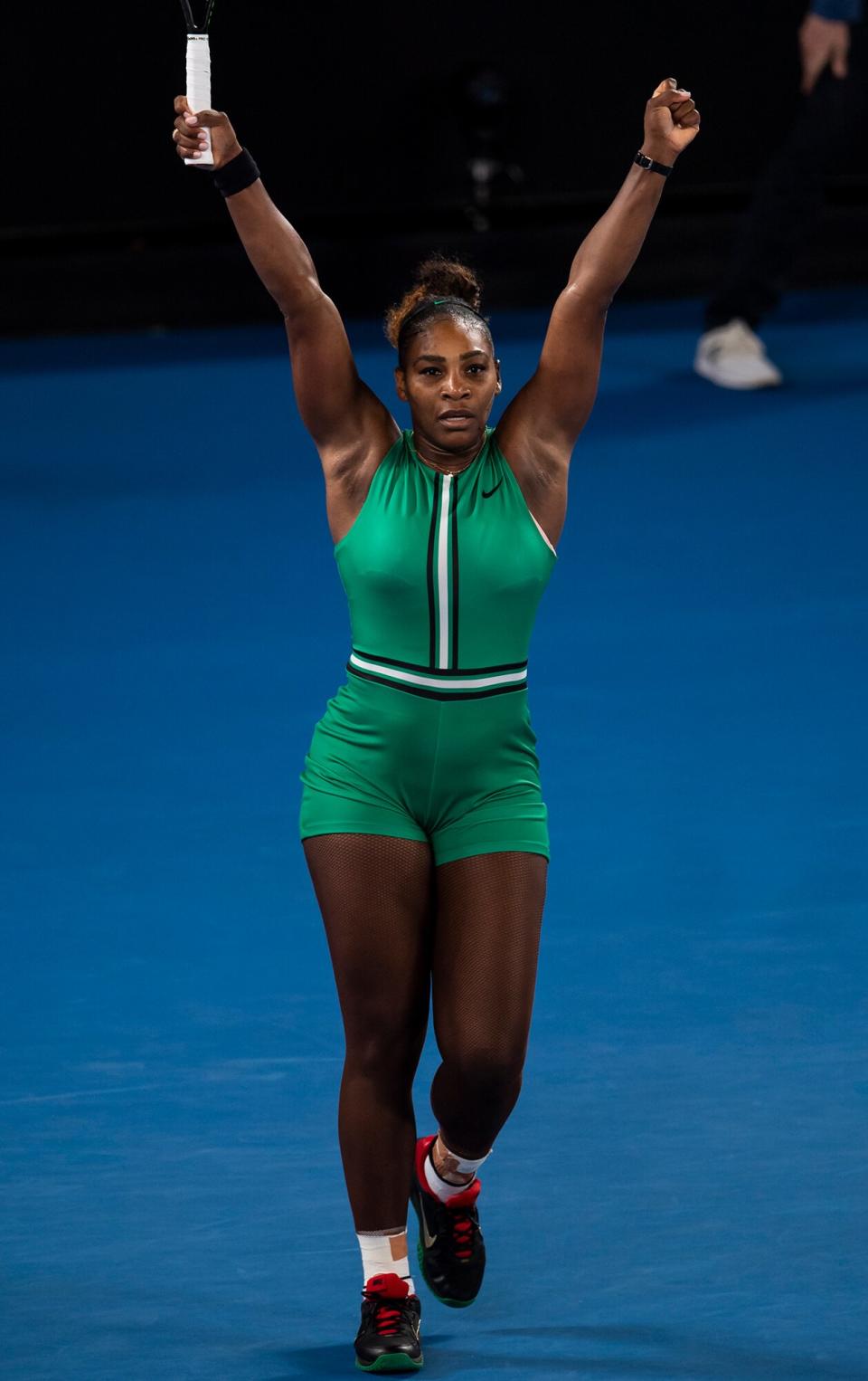 Serena Williams of the United States celebrates beating Simona Halep of Romania during day eight of the 2019 Australian Open at Melbourne Park on January 21, 2019 in Melbourne, Australia