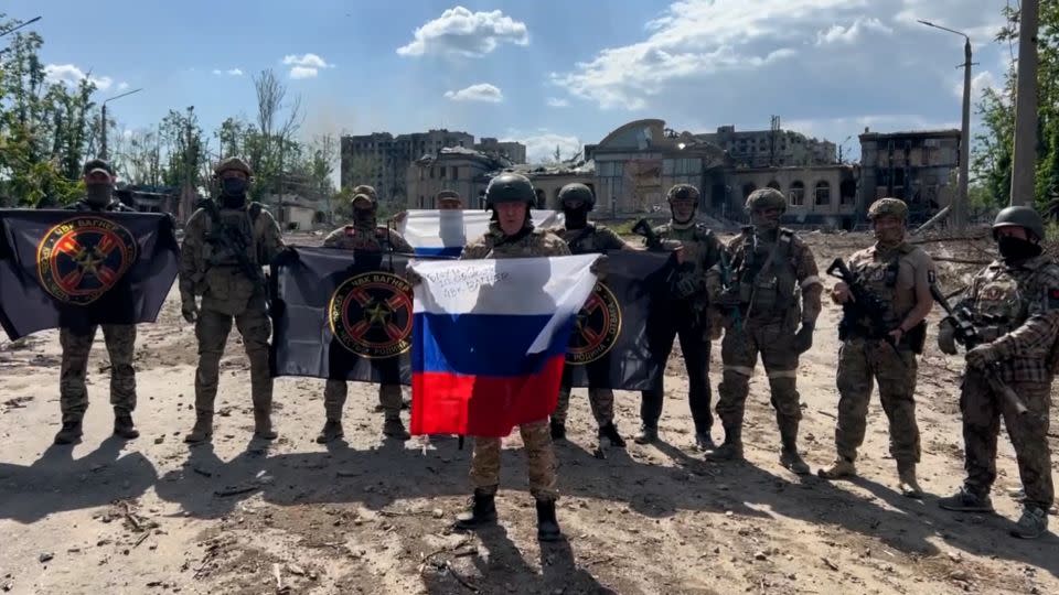 Prigozhin and his troops in Bakhmut in an image taken from a video released on May 20, 2023.  - Prigozhin's Press Service/Telegram