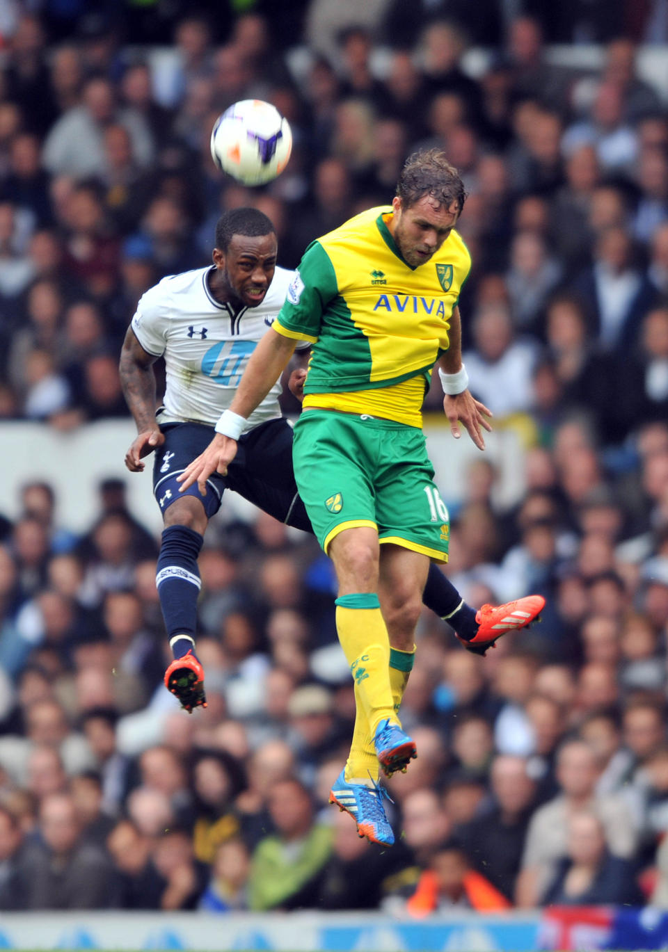 Tottenham's Danny Rose and Norwich's Johan Elmander during the Barclays Premier League match at White Hart Lane, Tottenham.