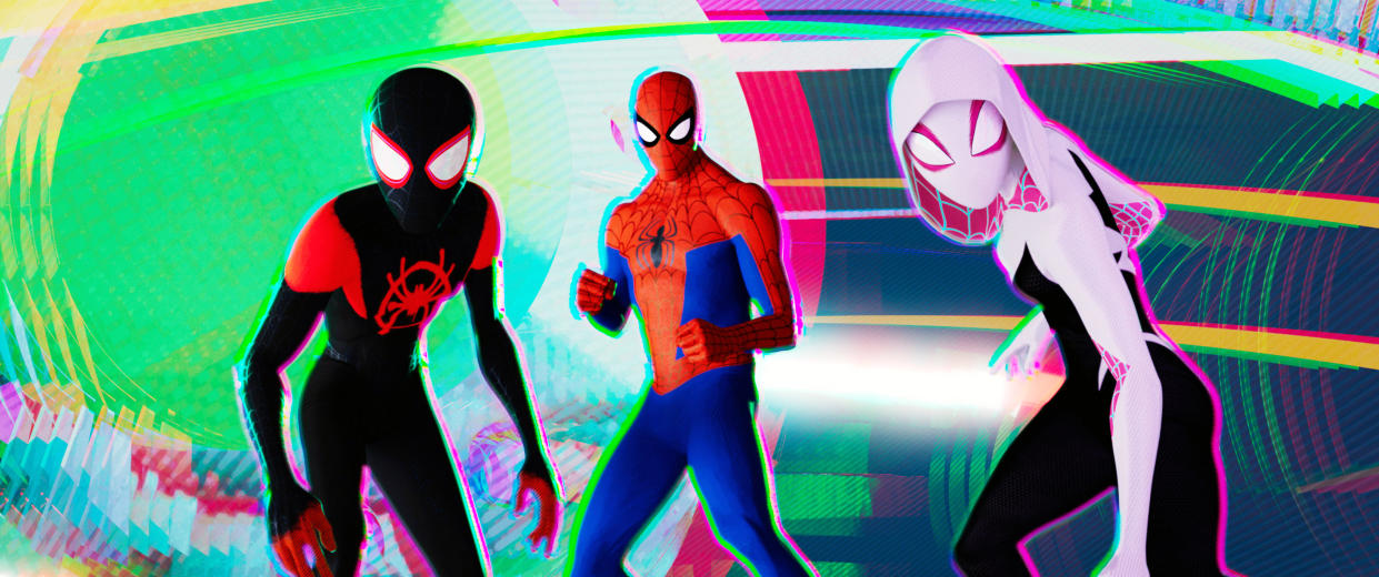 The colorfully-clad stars of ‘Spider-Man: Into the Spider-Verse’ do whatever Oscar nominees can (Photo: Columbia Pictures/Courtesy Everett Collection)