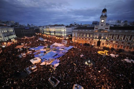 A general view of the Puerta del Sol square in Madrid during a protest against Spain's economic crisis in May 2011. A year after taking Spain's streets and squares and sparking a global uprising against economic injustice, the "indignants" are plotting a comeback