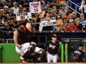 <p>Miami Marlins fans show their support to the Marlins starting pitcher Jose Fernandez who passed over the weekend during a boating accident, in the fifth inning against the New York Mets at Marlins Park. Mandatory Credit: Steve Mitchell-USA TODAY Sports </p>