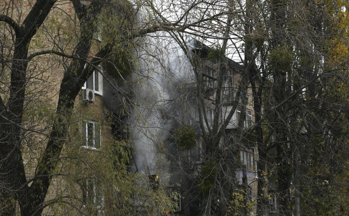 A damaged building seen at the scene of Russian shelling in Kyiv, Ukraine, on Nov. 15, 2022. (Andrew Kravchenko / AP)