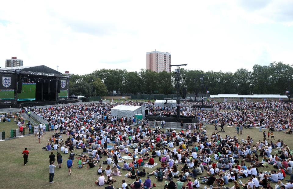 England fans watch a screening of the FIFA Women's World Cup 2023 final between Spain and England at All Points East festival in Victoria Park, London. Picture date: Sunday August 20, 2023.