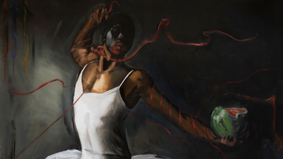 Thelonious Stokes, “Tired of Being a N*gger; Champion of A Fowl; Crossroads red ribbons and chalk lines” (2023). The Chicago-born artist studied painting in Florence. He depicts exclusively Black figures using the classical style of the old masters. - Courtesy Opera Gallery