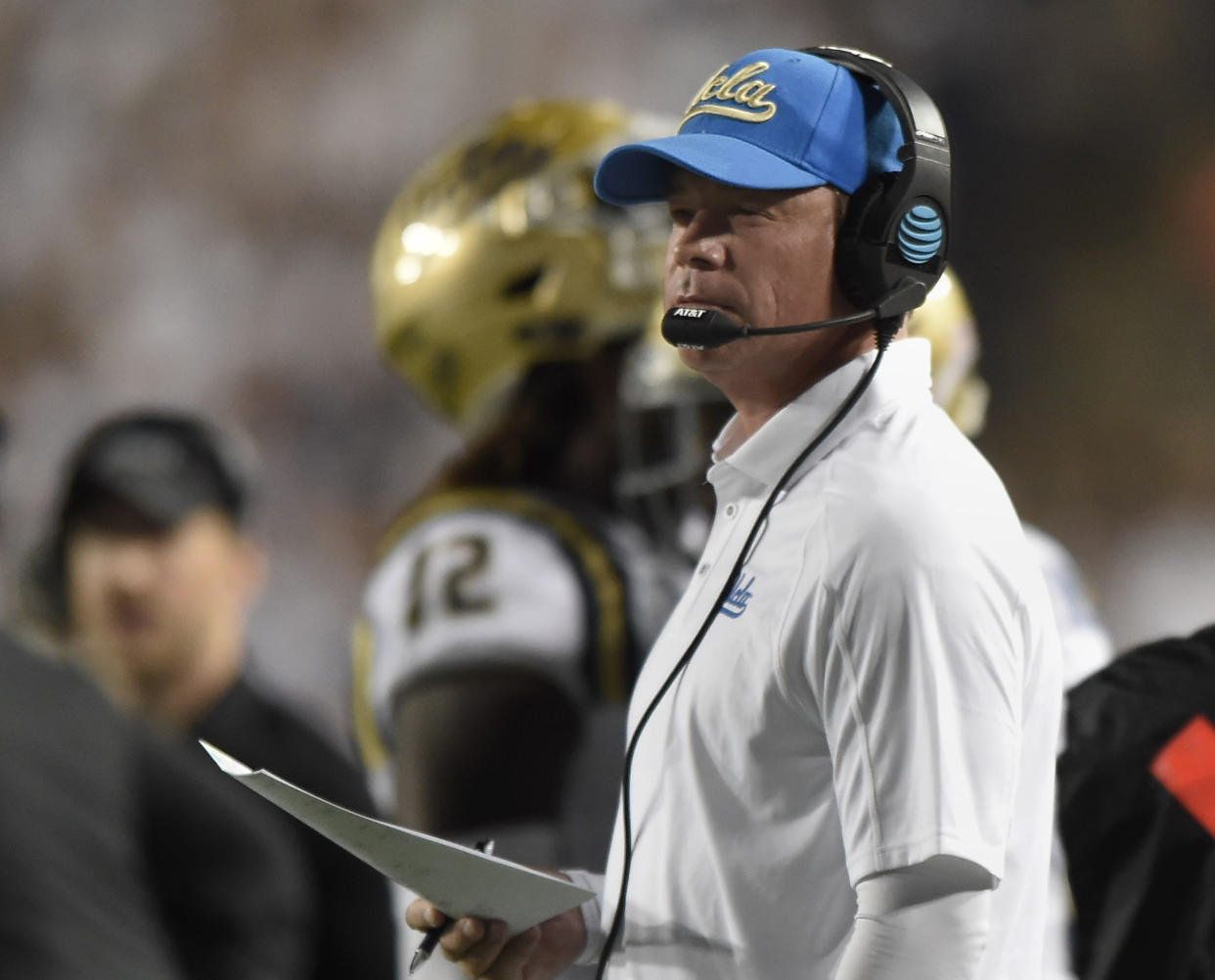 PROVO, UT - SEPTEMBER 17: Head coach Jim L. Mora of the UCLA Bruins looks at a replay in the first half against the Brigham Young Cougars at LaVell Edwards Stadium on September 17, 2016 in Provo, Utah. (Photo by Gene Sweeney Jr./Getty Images)