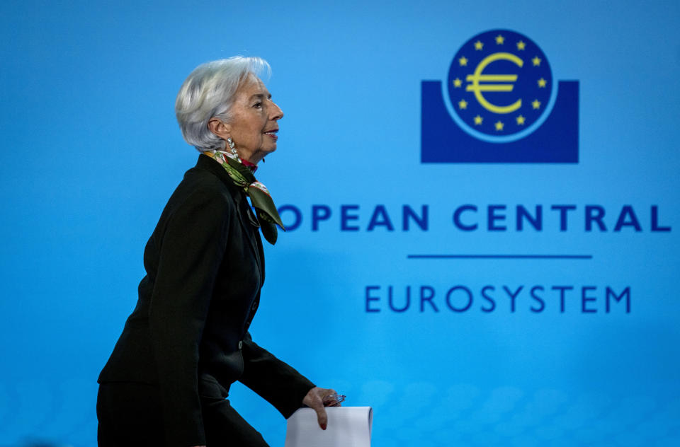 The President of European Central Bank Christine Lagarde arrives for a press conference following the meeting of the bank's governing council in Frankfurt, Germany, Thursday, Feb. 2, 2023. (AP Photo/Michael Probst)