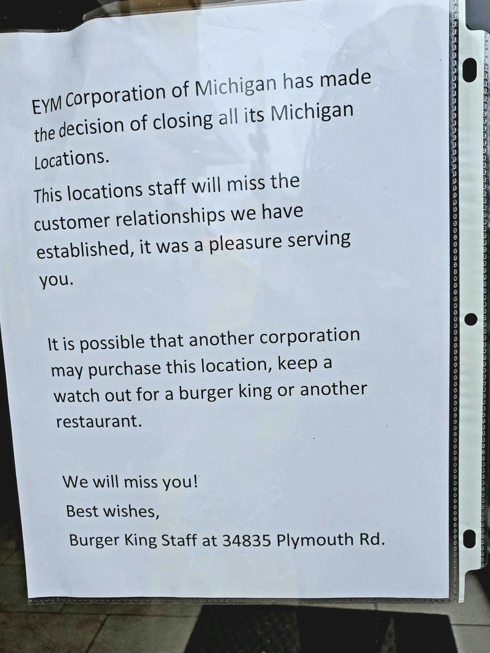 Note left at Burger King in closed Livonia, Michigan.