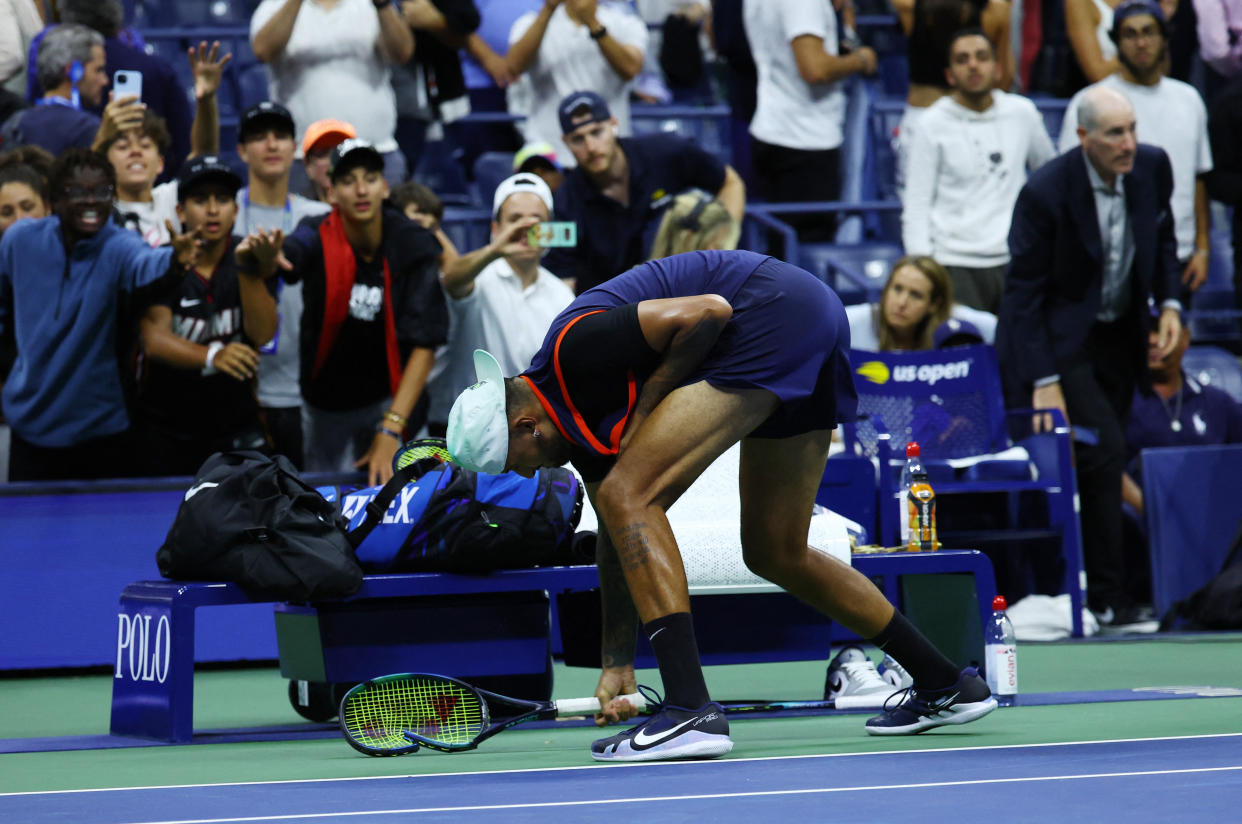 Tennis - U.S. Open - Flushing Meadows, New York, United States - September 7, 2022  Australia's Nick Kyrgios smashes his racket after his quarter final match against Russia's Karen Khachanov REUTERS/Mike Segar