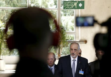 Syrian government's head of delegation Bashar Ja'afari attends a news conference after a meeting on Syria at the United Nations in Geneva, Switzerland, April 22, 2016. REUTERS/Denis Balibouse