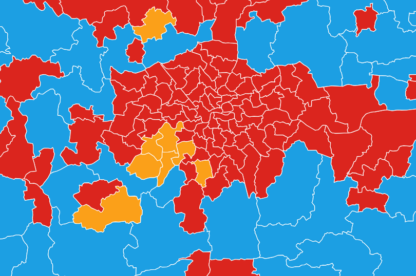 A map of part of the UK showing areas highlighted by political party