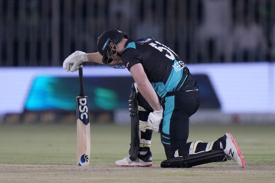 New Zealand's James Neesham reacts after his dismissal during the second T20 international cricket match between Pakistan and New Zealand, in Rawalpindi, Pakistan, Saturday, April 20, 2024. (AP Photo/Anjum Naveed)