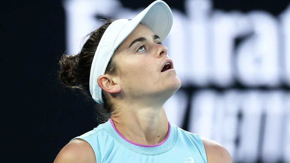 Jennifer Brady look on in frustration in the Australian Open women&#39;s final. 