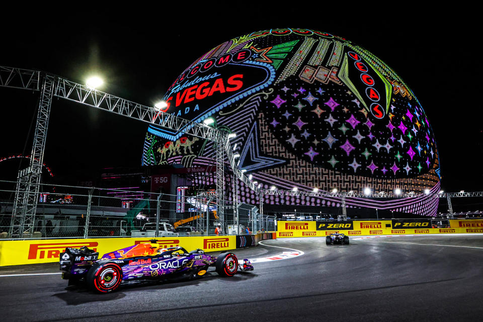 Red Bull Racing driver Max Verstappen (1) of the Netherlands drives by the Sphere during the F1 Las Vegas Grand Prix (Antonin Vincent / DPPI / Panoramic via Reuters)