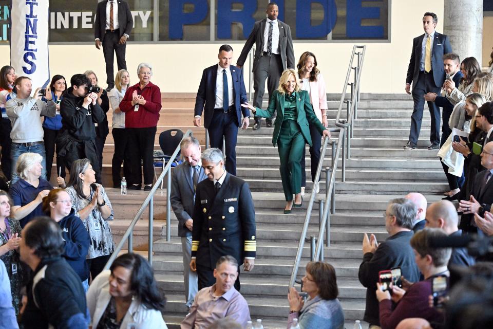 First lady Jill Biden, U.S. Surgeon General Vivek Murthy and first lady of Utah Abby Cox visit Hunter High School in West Valley City on Tuesday, Jan. 16, 2024. | Scott G Winterton, Deseret News