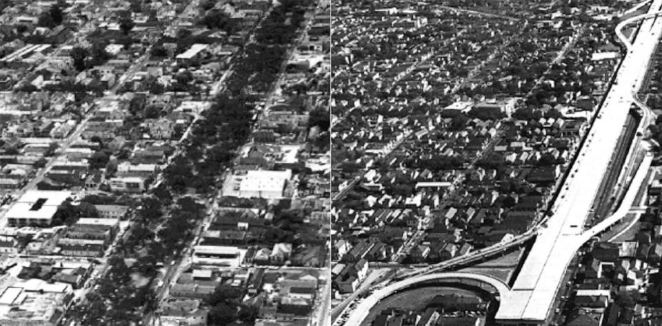 PHOTO: Views of Claiborne Avenue 1966 (left) and 1968 (right). (Claiborne Avenue Design Team/Waggonner & Ball Architects)