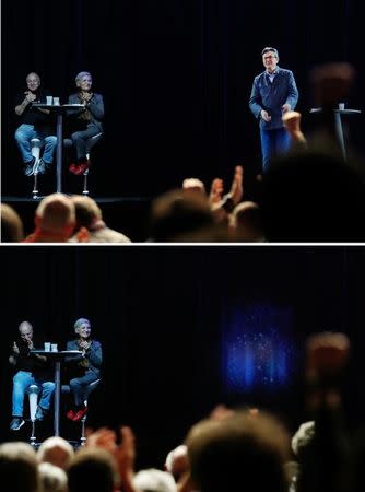 A combination picture shows people applauding the hologram of politician Jean-Luc Melenchon (R), of the French far-left Parti de Gauche, and candidate for the 2017 French presidential election, as it disolves in front of supporters who are gathered in Saint-Denis, near Paris, France, February 5, 2017 as Melenchon holds a campaign rally in Lyon. REUTERS/Christian Hartmann