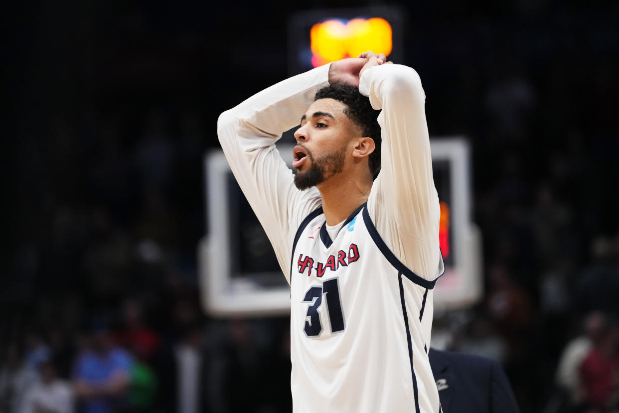 DAYTON, OHIO - MARCH 19: Seth Towns #31 of the Howard Bison reacts after being defeated by the Wagner Seahawks 71-68 in the First Four game during the NCAA Men's Basketball Tournament at University of Dayton Arena on March 19, 2024 in Dayton, Ohio. (Photo by Dylan Buell/Getty Images)