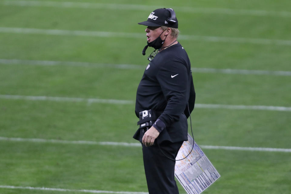 Las Vegas Raiders head coach Jon Gruden made a big change to his defensive staff after a loss to the Colts. (AP Photo/Isaac Brekken)