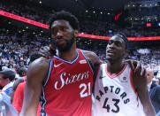 TORONTO, ON- MAY 12 - Toronto Raptors forward Pascal Siakam (43) consoles his fellow countryman Philadelphia 76ers center Joel Embiid (21) as the Toronto Raptors beat the Philadelphia 76ers 92-90 in game seven of their second round series in the NBA play-offs at Scotiabank Arena in Toronto. May 12, 2019. (Steve Russell/Toronto Star via Getty Images)