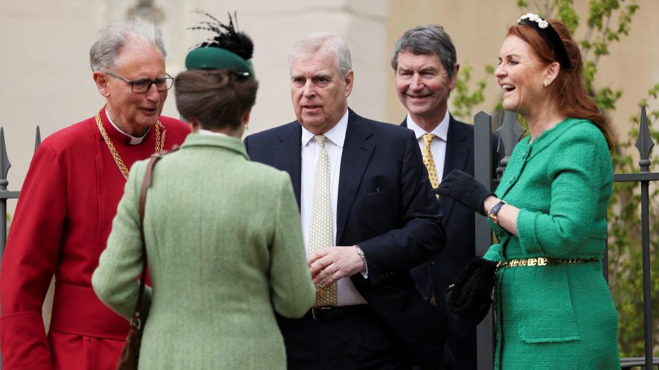 Princess Anne, Sir Timothy Laurence, Sarah Ferguson and Prince Andrew leave after attending the Easter Mattins Service at St. George's Chapel, Windsor Castle