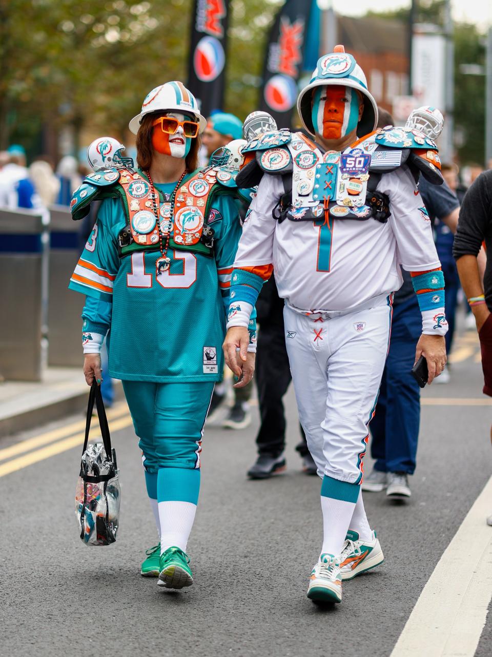 Oct 17, 2021; London, England, United Kingdom; Fans arrive for a match between the Miami Dolphins and Jacksonville Jaguars at Tottenham Hotspur Stadium. Mandatory Credit: Nathan Ray Seebeck-USA TODAY Sports
