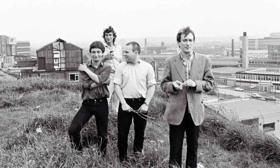 Gang of Four pictured in the late 1970s ... (L-R) Dave Allen, Jon King (background), Hugo Burnham, Andy Gill.