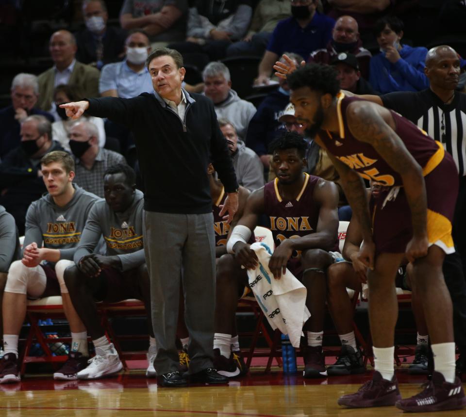 Iona College men's basketball coach Rick Pitino gives instructions to his players during Wednesday's game versus Marist.