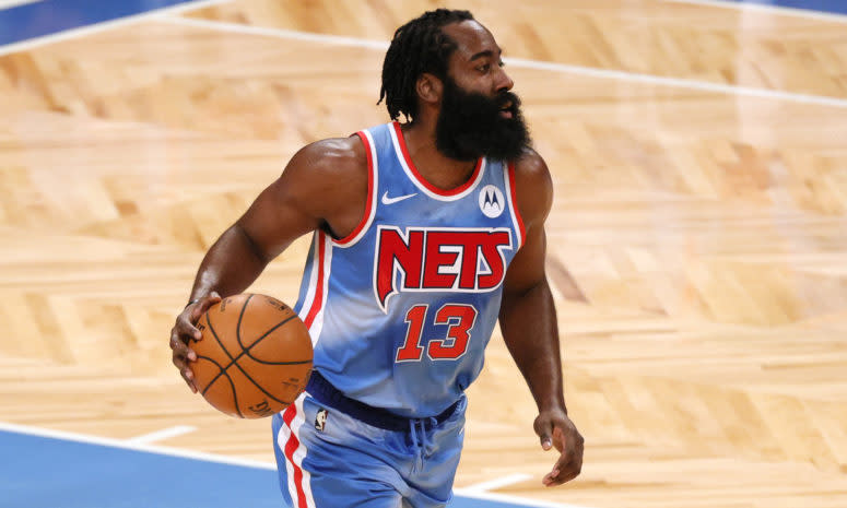 James Harden on the court for the Brooklyn Nets during an NBA game.