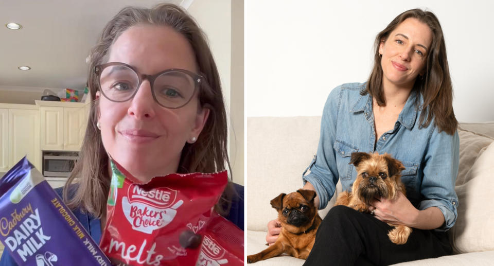 Dr Nicole Rous holding packets of chocolate (left) to demonstrate chocolate toxicity and with her two pet dogs (right).