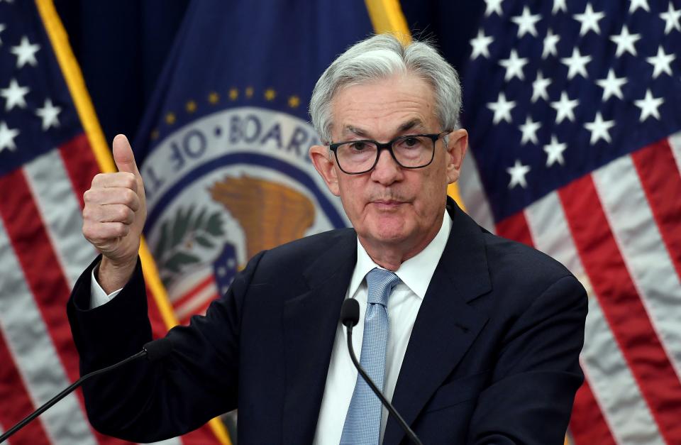 Federal Reserve Board Chair Jerome Powell speaks during a news conference at the Federal Reserve in Washington, DC, on March 22, 2023. - The Federal Reserve raised its benchmark lending rate on Wednesday, in line with expectations, continuing a hiking cycle to tackle high inflation while warning that recent banking troubles could hit households and businesses. The quarter-point increase raises the target range to 4.75-5.00 percent, the Fed announced in a statement. (Photo by OLIVIER DOULIERY / AFP) (Photo by OLIVIER DOULIERY/AFP via Getty Images)