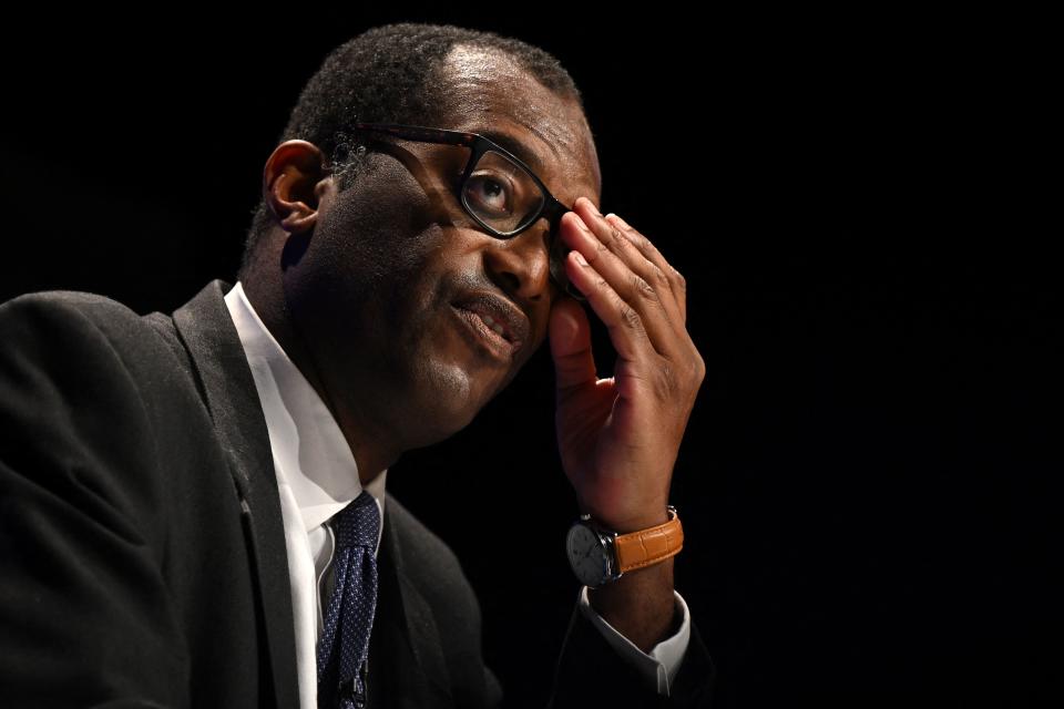 Britain's Chancellor of the Exchequer Kwasi Kwarteng delivers his keynote address on the second day of the annual Conservative Party Conference in Birmingham, central England, on October 3, 2022. (Photo by Oli SCARFF / AFP) (Photo by OLI SCARFF/AFP via Getty Images)