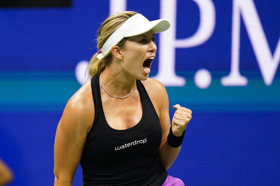 Danielle Collins, of the United States, reacts during a match against to Naomi Osaka, of Japan, at the first round of the US Open tennis championships, Tuesday, Aug. 30, 2022, in New York. (AP Photo/Frank Franklin II)