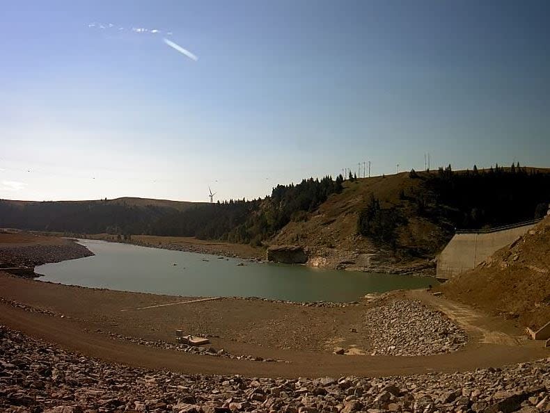 The Oldman reservoir outflow at the Oldman Dam is shown in this photo dated August 18, 2023. Drought conditions in southern Alberta have prompted the City of Lethbridge to draft a new water conservation plan. (Government of Alberta - image credit)