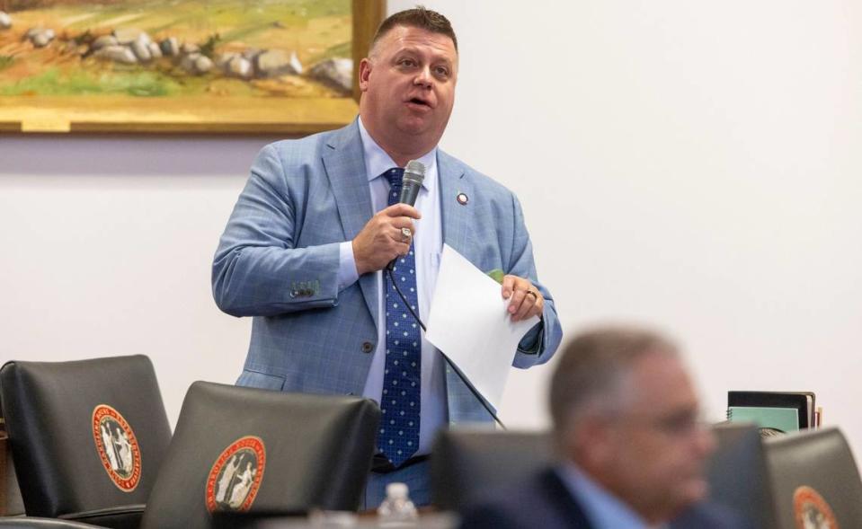 Sports betting legislation sponsor Rep. Jason Saine speaks in favor of SB 38 on Wednesday, June 22, 2022 in Raleigh, N.C. That bill failed to pass, but a new version is up for a vote in the 2023 legislative session.
