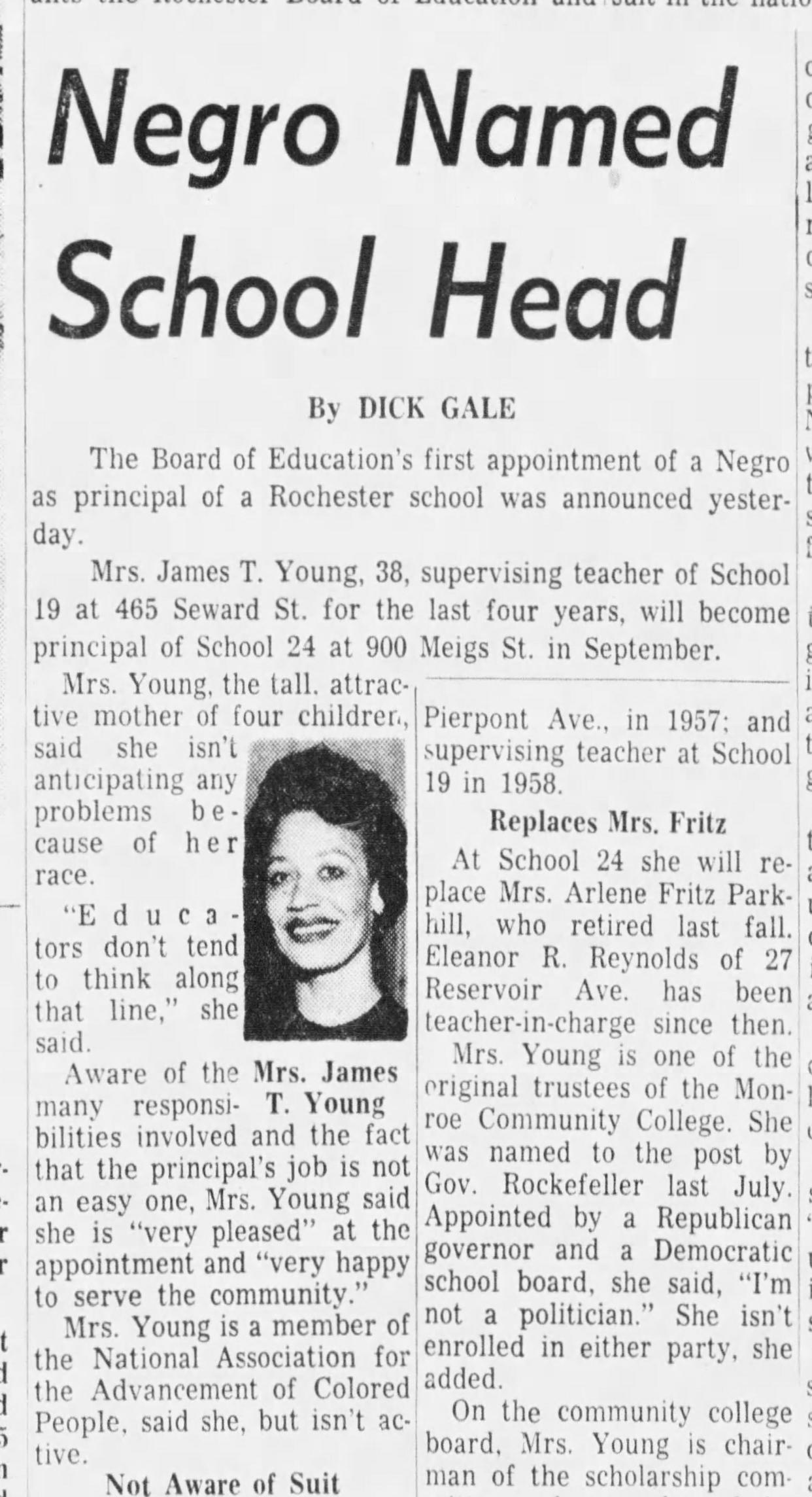 The May 29, 1962 Democrat and Chronicle announcing Alice Young's selection as principal of School 24.